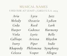 musical names used for at least 5 girls usa, 2003 by aria melody and lyra octavia