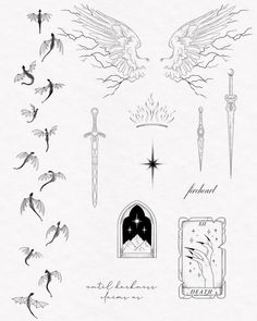 an old school tattoo design with wings, swords and other things to draw on paper