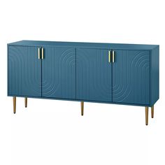 a blue cabinet with two brass handles on the top and bottom, against a white background