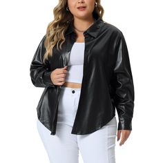 A plus-size brand inspired by the needs of customers. Show off your perfect curves with just the right cut, and comfortable fabrics for a pleasurable experience. The design of this Artificial leather shirt is loose, comfortable and fashionable. Don't miss this classic lightweight Artificial leather sports jacket. The moto-inspired design adds a bold and modern touch to your outfit. The button closure at the front adds a sleek and stylish element, while the long sleeves provide added coverage and Plus Size Leather Moto Jacket, Faux Leather Button-up Jacket, Leather Button-up Tops With Button Closure, Black Leather Button-up Top, Black Faux Leather Button-up Outerwear, Female Features, Perfect Curves, Shirt Making, Plus Size Brands