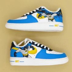 They are made with high-quality permanent and bright colors that will not fade, wash off, or peel off. The hand-painted design features the iconic Batman character, making it a must-have for any comic book lover. Batman Shoes, Custom Batman, Shoes Air Force, Custom Sneakers Diy, Air Force 1 Shoes, Af1 Custom, Painted Nikes, Af1 Shoes, Custom Af1