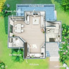 an overhead view of a house showing the living room, kitchen and bedroom areas in it