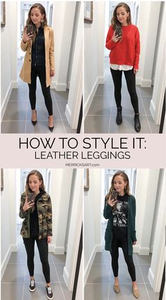 How to Style It: Black Leather Leggings Outfits | Merrick's Art Leather Leggings Going Out Outfit, Ways To Wear Leather Leggings, How To Dress Leather Leggings, Styling Black Faux Leather Leggings, Navy Faux Leather Leggings Outfit, Casual Winter Outfits With Leggings, Winter Outfits With Faux Leather Leggings, Snowy Work Outfit, Ways To Wear Faux Leather Leggings