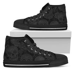 Skull High Tops for Women Canvas Shoes Black Sneakers Custom High Tops, Custom Sneakers, Colorful Shoes. ★ Canvas double-sided print. ★ Durable rubber outsole and toe cap. ★ Lace-up closure for a snug fit. ★ Soft textile lining with lightweight construction for maximum comfort. ★ High-quality EVA outsole for traction and exceptional durability. Handcrafted on-demand with love and care just for you! SATISFACTION GUARANTEED Shipping Times - We ship worldwide. This product is handmade and made on-d Skull Blanket, Mens High Top Shoes, Womens High Top Shoes, Skull Shoes, High Tops Sneakers, Skull Gifts, Bright Boho, Basket Noir, Skull Hoodie