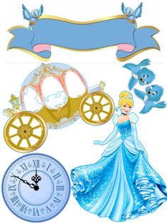 an image of princess and carriage with birds flying around the clock on it's side