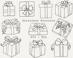 christmas presents are drawn in black and white with bows, ribbons, and gift boxes