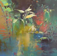 an abstract painting of flowers and plants in water