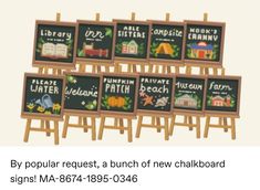 a group of wooden signs with chalkboard writing on them and the words library, popular request, a bunch of new chalkboard signs