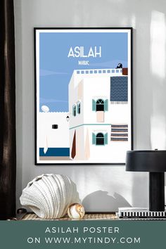 a poster hanging on the wall above a table with shells and seashells in front of it