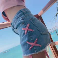 Pink Lace up Denim Shorts