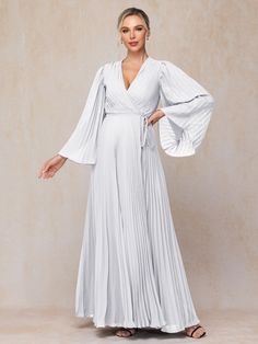 White White Pleated Floor-length Dress, Pleated Chiffon Dress For Wedding, White Chiffon Banquet Dress, White Chiffon Dress For Banquet, White Fitted Chiffon Dress For Banquet, Floor-length Maxi Dress With Pleated Sleeves For Wedding, White Chiffon Maxi Dress For Formal Events, White Chiffon Maxi Dress For Formal Occasions, White Chiffon Evening Maxi Dress