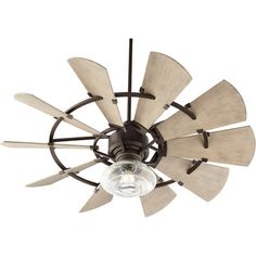 a ceiling fan with five blades and a light bulb