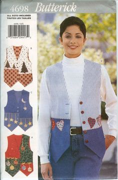 a woman wearing overalls and vests with buttons on the front, standing in front of an advertisement for butterick