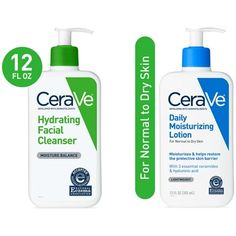 Cerave Normal to Dry Cleanser & Moisturizer Set Developed with dermatologists. CeraVe Hydrating Facial Cleanser is a unique formula that cleanses, hydrates and helps restore the protective skin barrier with three essential ceramides (1, 3, 6-II). The formula also contains hyaluronic acid to help retain skins natural moisture. Fragrance-free, Non-comedogenic, Non-drying, Gentle, and non-irritating. CeraVe Daily Moisturizing Lotion has a unique, lightweight formula that provides 24-hour hydration Cerave Daily Moisturizing Lotion, Cerave Hydrating Facial Cleanser, Hydrating Facial Cleanser, Daily Moisturizing Lotion, Cerave Skincare, Gentle Face Cleanser, Daily Face Wash, Facial Lotion, Hydrating Facial