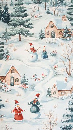 a christmas scene with snowmen and houses