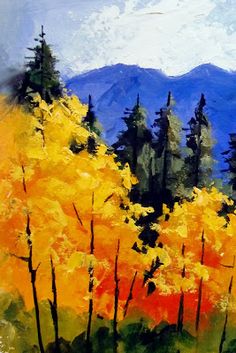 an oil painting of yellow trees in the mountains