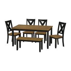 a dining table with four chairs and one bench on the side, in black and oak