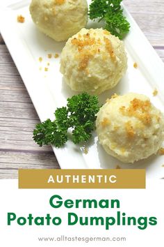 Potato dumplings on a white serving plate with a garnish of buttered bread crumbs and parsley Potato Dumplings Recipe Homemade, Knodel Recipe, German Thanksgiving, Traditional German Recipes, Potato Dumpling