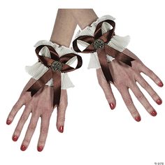 Perfect accessory to compliment your Victorian or Industrial style costume! One pair of white wristlets with brown ribbon and a gear. One size fits most adult. Steampunk Gloves, Winter Witch, Steampunk Items, Punk Women, Costume Gloves, Brown Ribbon, Witch Design, Gloves Fashion, Fabric Bracelets