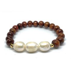 Koa and Fresh Water Pearls Stretch Bracelet Elegant Adjustable Bracelets With Wooden Beads, Classic Hand-strung Stretch Bracelet Gift, Elegant Hand-strung Brown Bracelet, Elegant Brown Beaded Bracelets As Gift, Elegant Brown Hand-strung Bracelet, Elegant Adjustable Brown Stretch Bracelet, Elegant Brown Adjustable Stretch Bracelet, Classic Natural Stones Bracelet As Gift, Classic Natural Stone Bracelets As Gift