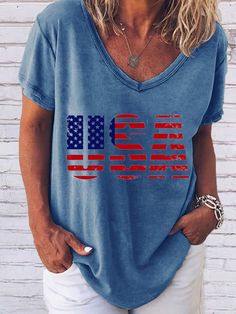 American flag USA print blue t-shirt Cheap Clothing, Embroidered Collars, Usa Print, Sleeveless Pullover, Blue T Shirt, Home T Shirts, Women T Shirts, American Shirts, Blouse Patterns