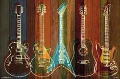 four guitars are lined up against a wooden wall with different colors and patterns on them