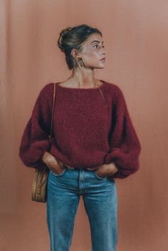 Womens Chunky Sweater, Boho Pullover, Boho Mode, Slouchy Sweater, Boho Sweater, Looks Street Style, Red Sweater, Mohair Sweater