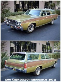 two pictures of an old station wagon parked in front of a building