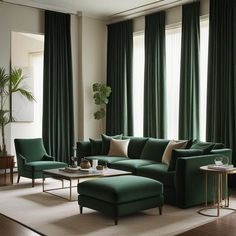 a living room filled with furniture and green curtains