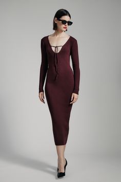 The Verona Knit Midi Dress hugs the form in a soft knit fabrication. It features long sleeves, a front keyhole detail and an open back with a tie closure.SIZING: True to size AU: Model wears a size 8 / US: Model wears a size 4.FABRICATION: 72% viscose, 28% polyester. Exclusive of trims.  - Long sleeves - Front keyhole - Low open back  - Midi length - Satin tie feature Red Knit Dress, Burgundy Midi Dress, Burgundy Style, Day To Night Dresses, Wide Jeans, Knit Midi, Knit Midi Dress, Party Tops, Jeans Dress