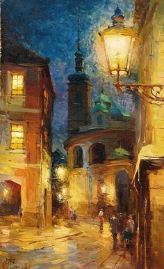 an oil painting of people walking down a street at night with lights on and buildings in the background