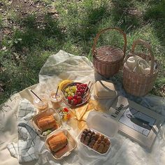 a picnic blanket with food on it and two baskets full of fruit in the background