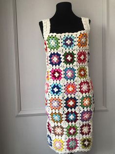 Crochet Mini Dress Granny Square Colorful Dress Handmade - Etsy Brasil Multicolor Crochet Lace Sleeveless Dress, Multicolor Sleeveless Crochet Dress With Crochet Trim, Multicolor Sleeveless Crochet Lace Dress, Fitted White Crochet Top With Granny Square, Fitted White Crochet Top With Granny Square Details, Bohemian Fitted Patterns With Crochet Lace, Fitted Bohemian Patterns With Crochet Lace, Fitted Multicolor Crochet Top With Granny Square, Fitted Multicolor Granny Square Crochet Top