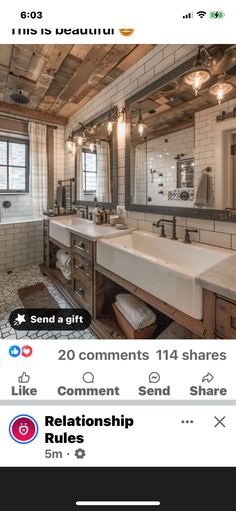 a bathroom with two sinks and mirrors on the wall next to a large mirror above it