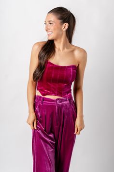 Velvet bustier top plum - Trendy New Year's Eve Outfits at Lush Fashion Lounge Boutique in Oklahoma City Diy Velvet Top, Velvet Tops Outfit, Fishnet Long Sleeve Top, Velvet Bustier, Fishnet Top, Velvet Crop Top, Mock Neck Blouse, Spandex Top, Holiday Party Dresses