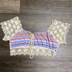 Free People Crochet Lace Drawstring Strip Crop Nwot Purple Crochet Lace Top For Summer, Casual Purple Crochet Top For The Beach, Casual Purple Crochet Top For Summer, Casual Purple Crochet Top For Vacation, Multicolor Lace Tops For Spring, Purple Lace Tops For Spring, Purple Lace Top For Spring, Purple Crochet Lace Top For Spring, Bohemian Lavender Cotton Tops