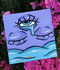 a painting of an eye floating in the water with pink flowers behind it and purple background