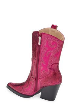 Metallic filigree dances about on this head-turning Western boot that couples cowboy style and modern glamour. 2 3/4" heel (size 8.5) 8" shaft Pull-on style Water-resistant Arch support Synthetic upper, lining and sole Imported Asian & Pacific Islander Owned/Founded Pacific Islander, Baby Gear Essentials, Azalea Wang, Western Boots Women, Perfume Gift Sets, Cowboy Style, Perfume Gift, Fragrance Gift, Western Boot