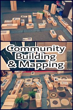 the words community building and mapping are shown in two different pictures, one is made out of cardboard boxes