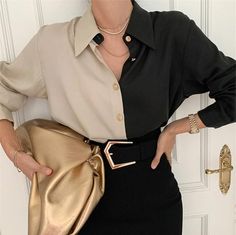 Collar Shirts Women, Patch Work Blouse, Polyester Shirt, Plain Blouse, Elegante Casual, Mode Casual, Black And Beige, Blouse Tops, Women Blouses