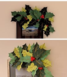 two pictures of christmas decorations hanging on the wall