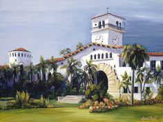 a painting of a white building with a clock on the tower and palm trees around it