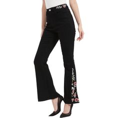 Elevate your denim game with the Anna-Kaci Women's Floral Daisy Embroidered Mid Rise Bell Bottom Jeans, featuring charming daisy floral embroidery throughout. Embodying the retro era's signature denim bottoms with a cute flare, these jeans combine vintage style with modern premium cotton materials, making them your go-to piece for any occasion. Trendy Floral Embroidered Fitted Jeans, Trendy Fitted Jeans With Floral Embroidery, Spring Cotton Jeans With Floral Embroidery, Trendy Embroidered Mid-rise Jeans, Embroidered Fitted Casual Jeans, Trendy Embroidered Fall Jeans, Trendy Floral Embroidered Bottoms For Fall, Spring Embroidered Cotton Jeans, Fitted Embroidered Cotton Jeans