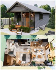 two pictures of small houses in the same area, one has an open floor plan