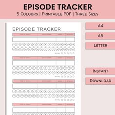 the printable episode tracker is shown in pink and white