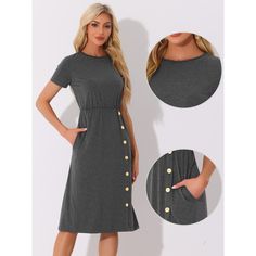 The short sleeves of this dress offer just the right amount of coverage, keeping you cool and comfortable throughout the day. Designed for versatility and comfort, this midi dress is suitable for both formal and casual occasions. It can be paired with heels or flats, adding accessories like a belt or a cardigan to personalize your look. Whether you're attending a business event or meeting friends for a casual outing, this dress can be styled accordingly. Maxi Bodycon Dress, Button Decor, Mini Sundress, Casual Wedding Dress, Elegant Casual, Mini Skater Dress, Midi Short Sleeve Dress, Casual Wedding, Mini Shift Dress