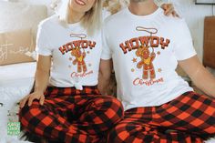 Couples Matching Christmas Shirts His and Hers Holiday Pajama Shirts Cowboy Cowgirl Christmas T-Shirts Western Country Baking Shirt Get ready, this shirt is about to become your favorite! Made of super soft cotton with a comfy fit, you'll find it fits in with all your outfits! These tshirts are unisex and fit true to size! If you prefer an oversized fit, be sure to size up 1-2 sizes! The details: Super Soft Pre-shrunk Cotton Tee Unisex - Fits true to size (see size chart for references of length Casual White T-shirt For Pajama Party, Cotton Graphic Print T-shirt For Pajama Party, Cotton T-shirt With Letter Print For Pajama Party, Christmas Cotton T-shirt For Loungewear, Country Baking, Cowgirl Christmas, Matching Christmas Shirts, Christmas T Shirts, Holiday Pajamas