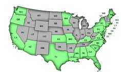 a map of the united states with green and gray colors, labeled in each state