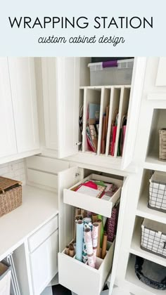 the inside of a kitchen with white cabinets and drawers, including an area for wrapping station