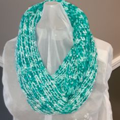 50" Round Green And White Infinity Scarf Knit With Sequin Soft And Very Pretty In Person New No Tag Gift Wrapped Casual One Size Loop Infinity Scarf, Casual Infinity Scarf, Casual Knit Infinity Scarf, Casual One-size Infinity Scarf, Casual Soft Knit Infinity Scarf, Maroon Scarf, Italian Leather Purse, White Infinity, Brown Leather Flats